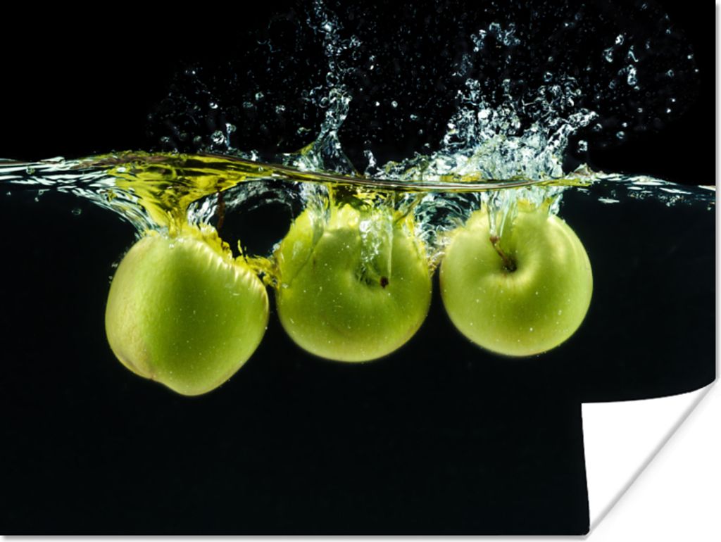 MuchoWow Poster Äpfel - Obst - Wasser - Schwarz - Grün 160x120 cm - Foto Plakat