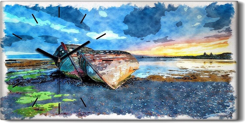 Wanduhr Uhr Wandbild Leinwand Geräuschlos 60x30 Malerei Aquarell Boote Wasser - schwarze Hände