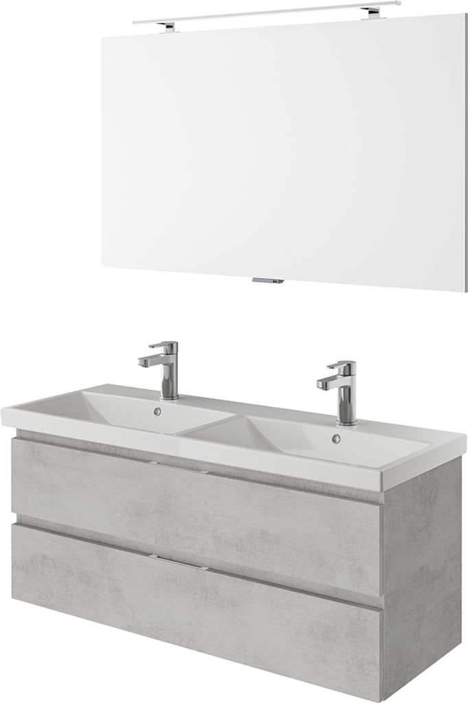 Waschplatz Set, grifflos, 120cm breit, in Oxid Hellgrau mit Doppelwaschbecken VILLATORO-66, B/H/T ca. 120/200/45 cm