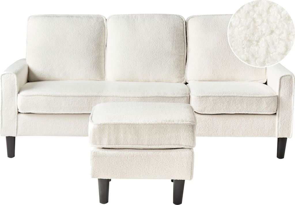 BELIANI 3-Sitzer Sofa Weiß Bouclé-Stoffbezug mit Ottomane Niedrige Armlehnen Schwarze Beine Industrie-Design Wohnzimmer Ausstattung Polstersofa