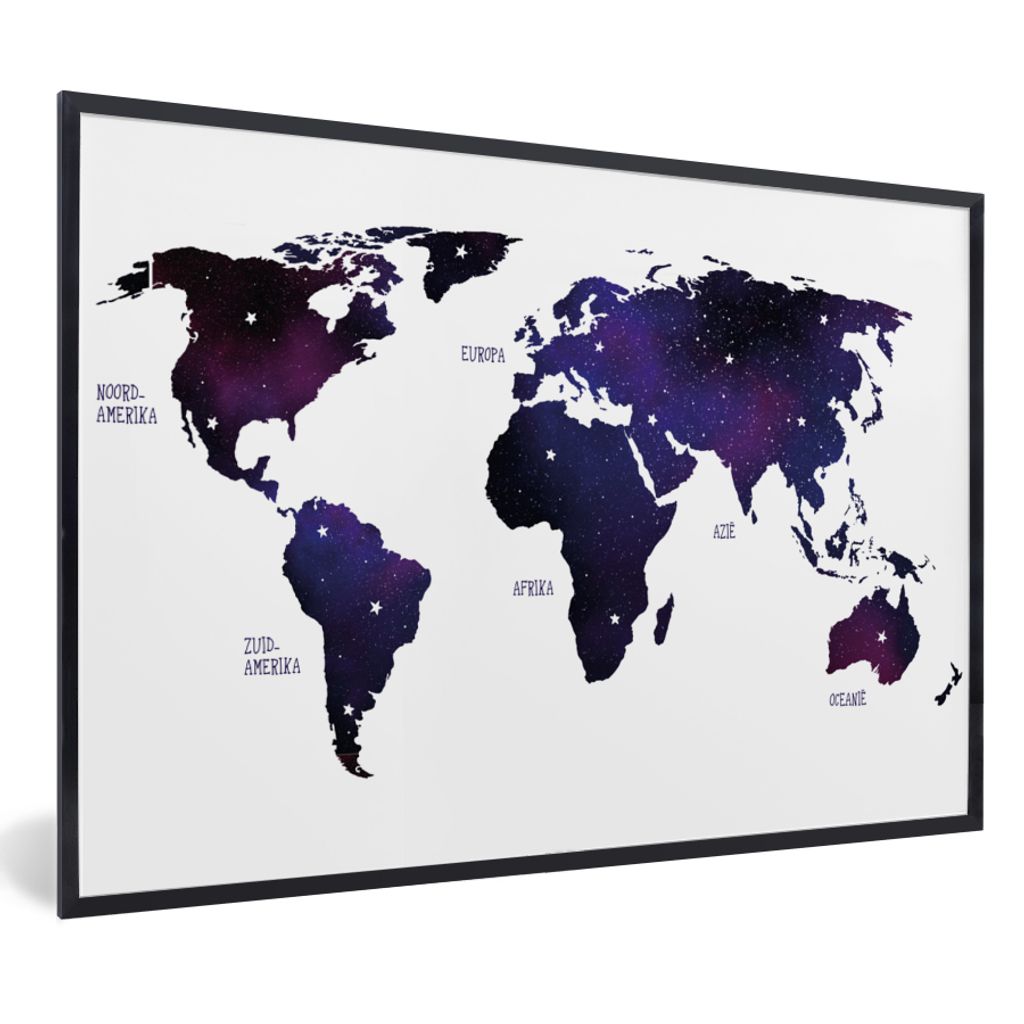 MuchoWow Gerahmtes Poster Weltkarte - Lila - Sternenhimmel - Kinder - Jungen - Mädchen 90x60 cm - Poster mit Schwarzem Bilderrahmen Wandposter R...