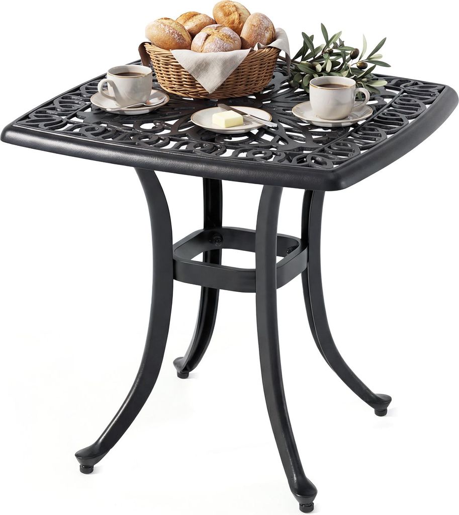 COSTWAY Gartentisch aus Aluminiumguss, wetterfester Balkontisch mit Schirmloch & verstellbaren Fußpolstern, quadratischer Beistelltisch 54x54x53cm