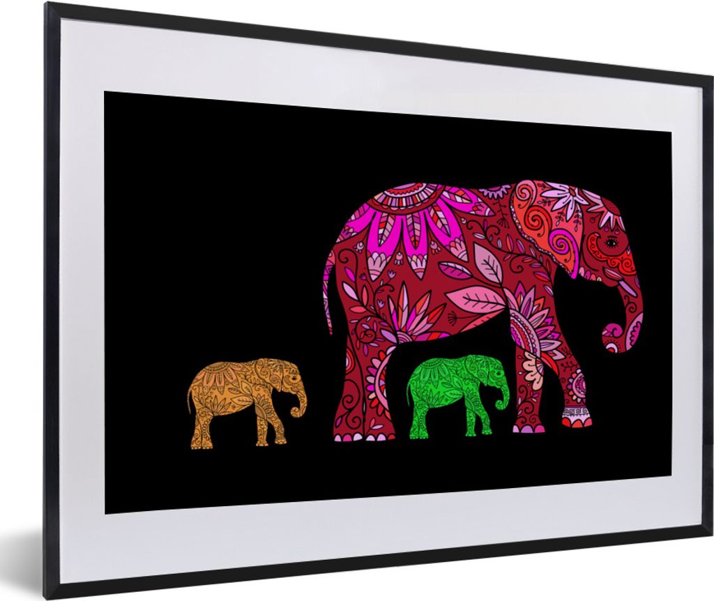 MuchoWow MuchoWow Gerahmtes Poster Elefanten - Muster - Blumen - Pflanzen 60x40 cm - Poster mit zchwarzem Bilderrahmen - Schlafzimmer - Plakat ...