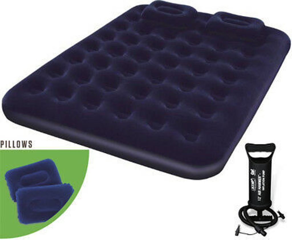 A navy blue inflatable mattress with two built-in headrests, shown with two small pillows and a black air pump.