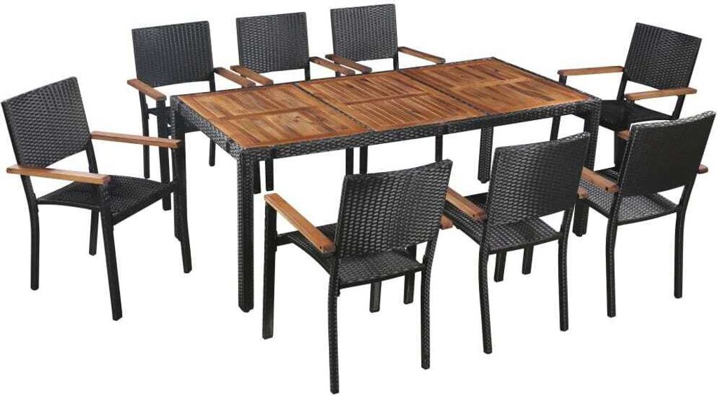 The Living Store 9-tlg. Garten-Essgruppe Poly Rattan Akazie Massivholz Schwarz