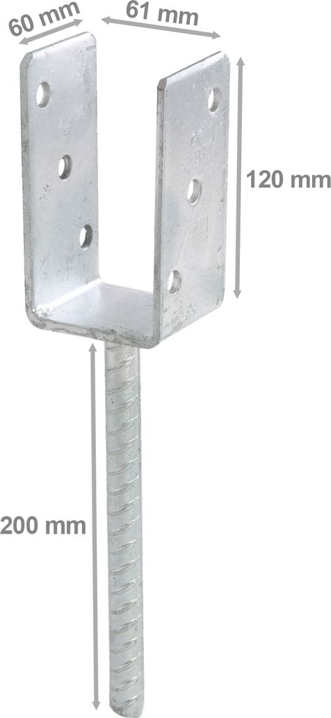 A metal U-shaped post anchor with dimensions indicated by text overlays.