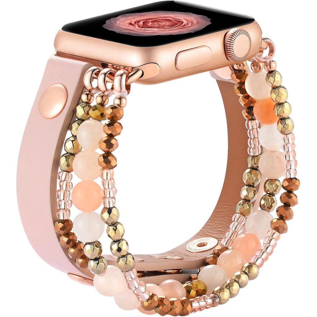 FFO2World Boho Perlenarmband kompatibel mit Apple Watch 46mm/49mm/45mm/44mm/42mm (Serie 10/3/2/1) - Rosa - Damen Elastisches Armband