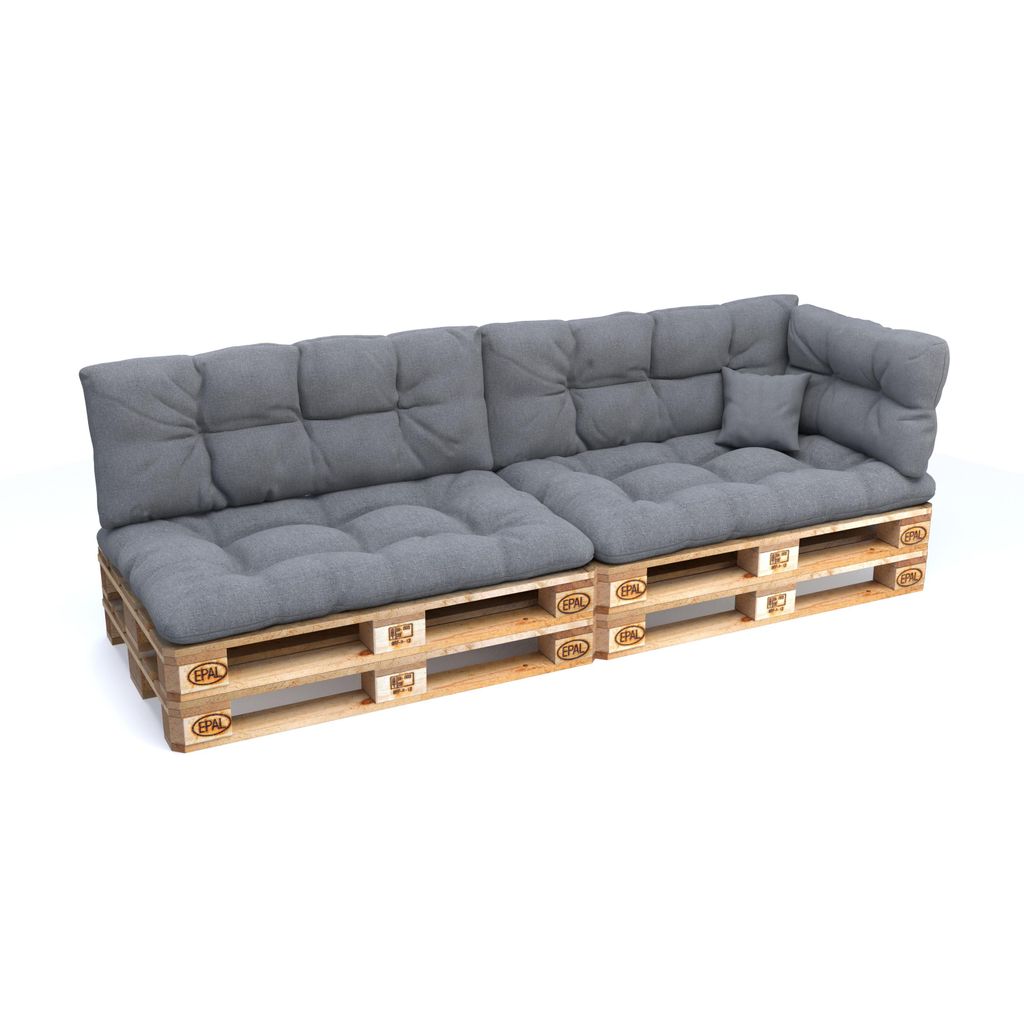 A gray pallet sofa with cushions on a white background.