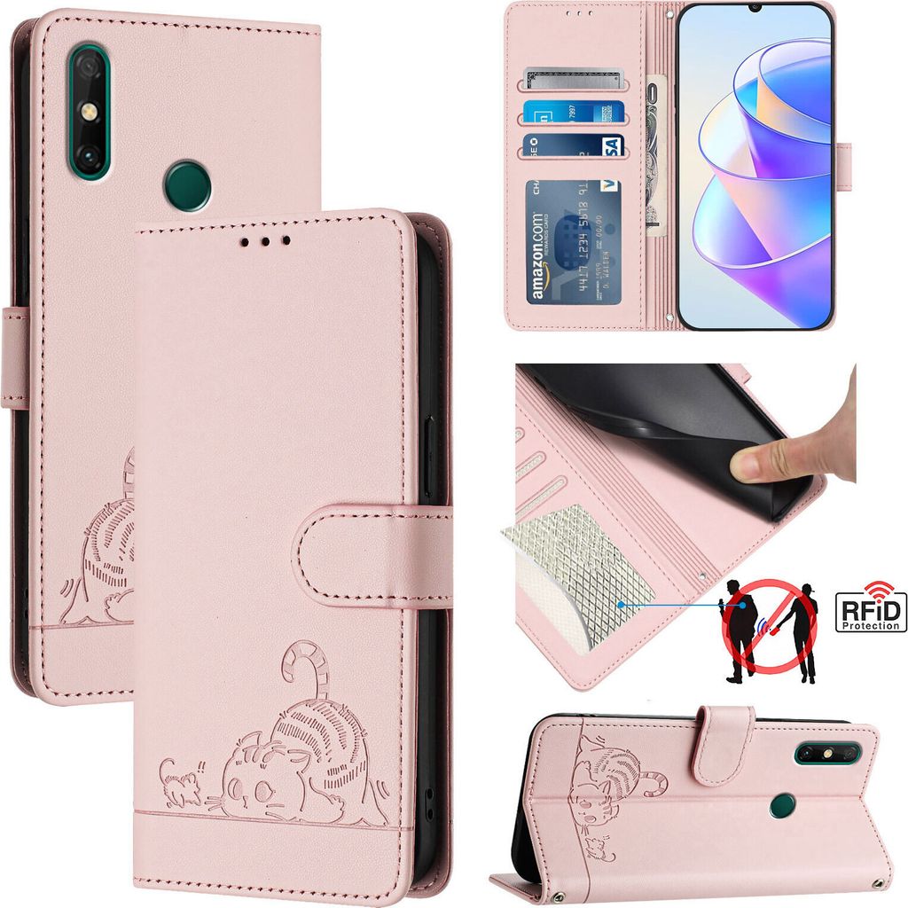 Leder Hülle für Huawei Y7A/ P Smart 2021 Süße Katze Flip Case Brieftasche Schutzhülle mit Standfunktion Pink