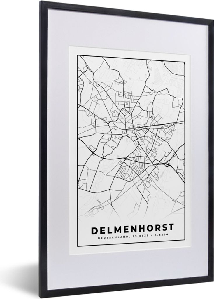 MuchoWow Gerahmtes Poster Karte - Delmenhorst - Stadtplan 40x60 cm - Poster mit Schwarzem Bilderrahmen Wandposter Rahmen Foto Bilder - Poster in ...