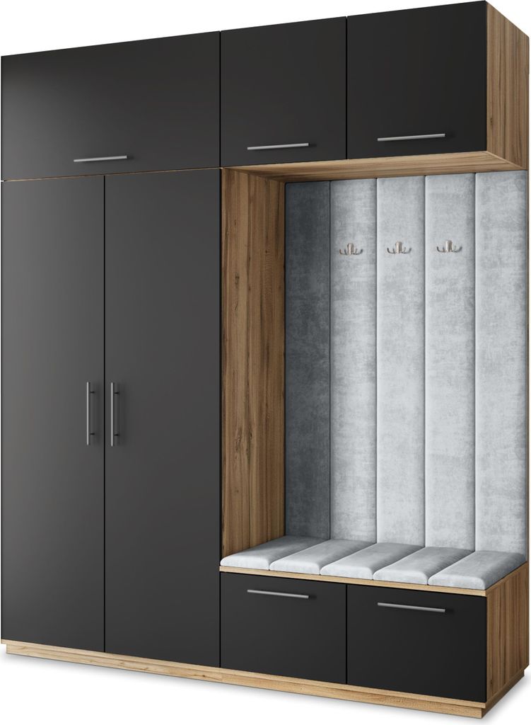 Masseno Garderobe-Set REMA 200/240/60 cm Modern Garderobenschrank Eiche Wotan, Veloursstoff MONOLITH 84 (Hellgrau)