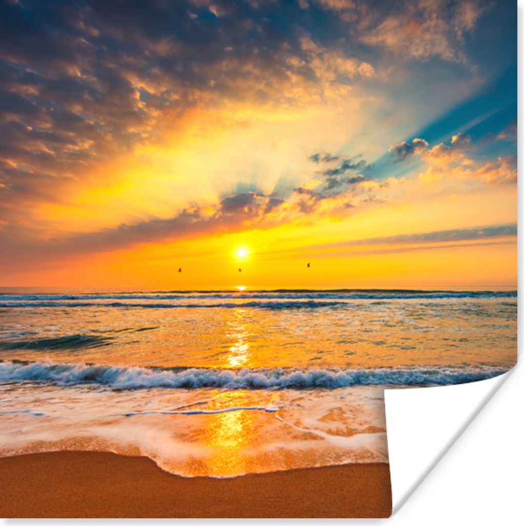 MuchoWow Poster Sonnenuntergang - Strand - Meer - Wolken - Orange 50x50 cm - Wohnzimmerdekoration
