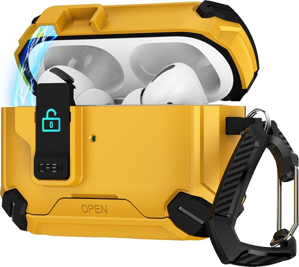 Hülle für Apple AirPods Pro 1 / 2 Defender Schutzhülle mit Karabiner 360° Schutzbox Kopfhörer stoßfestes Full Body Cover Gelb