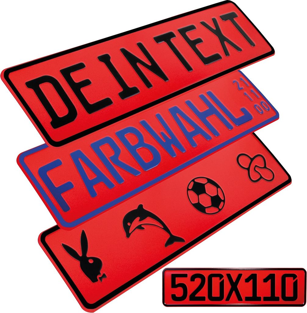 1 Stück Kennzeichen Rot 52cm x 11cm mit Wunschtext FUN Kennzeichen Funschild