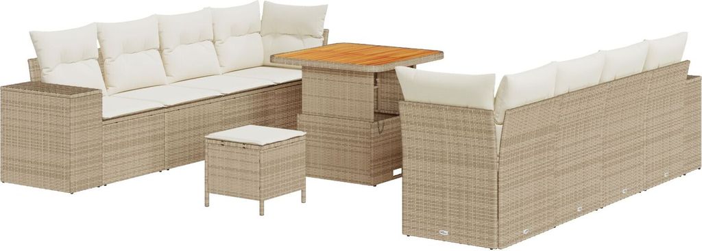 Möbel-Stil 11-teiliges Garten Sofa Set mit Kissen Beige Poly Rattan Akazie, 3-teiliges Garten Essenset mit Kissen Beige Poly Rattan Akazie - Garte...