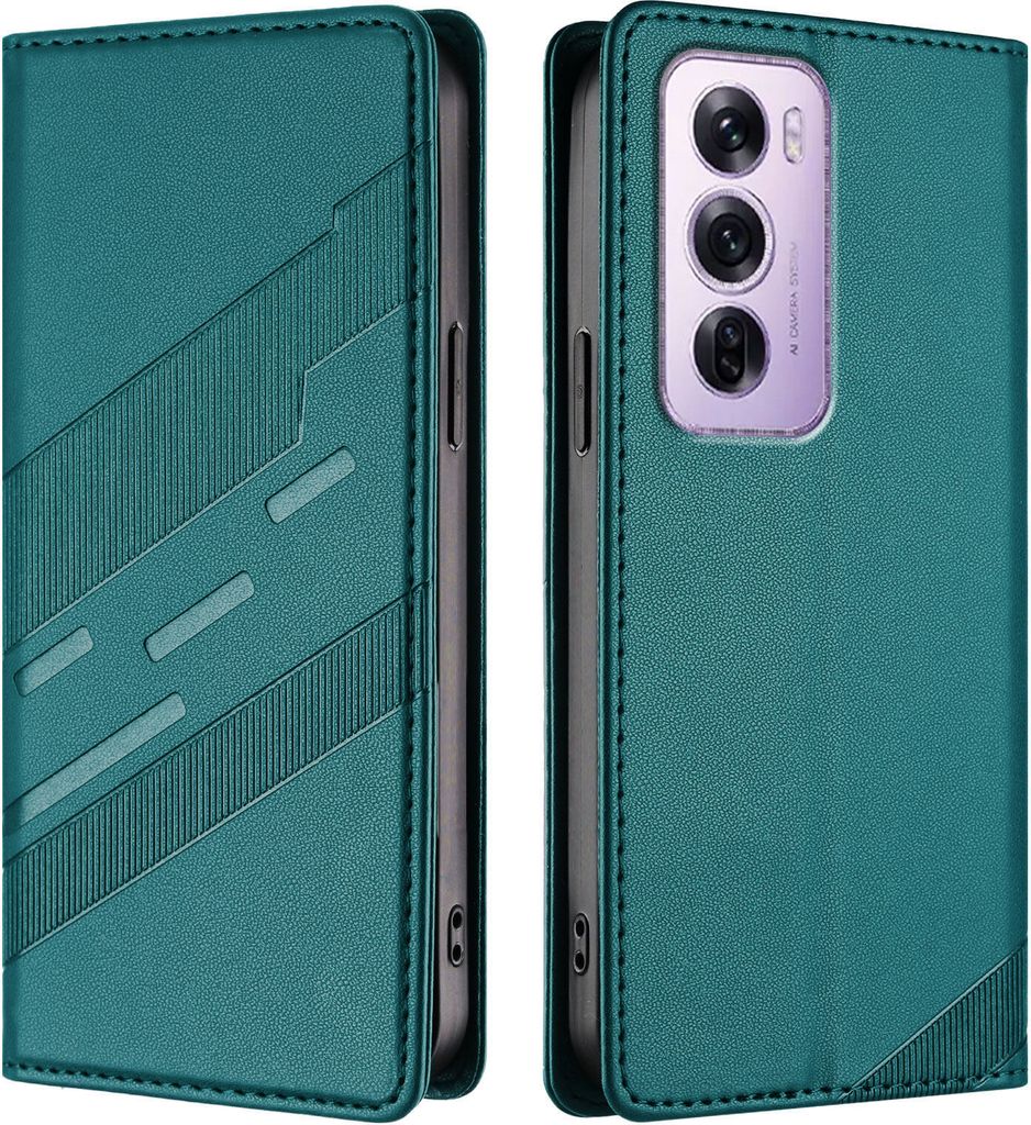 Hülle für Oppo Reno12 Pro, Kunstleder Brieftaschen Handyhülle mit Kartenfach und Standfunktion Grün
