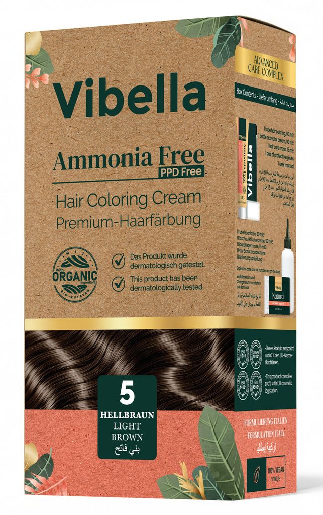 Vibella Haarfärbecreme Nr. 5 Hellbraun – Premium-Haarfärbung ohne Ammoniak, Strahlende Farbbrillanz & zuverlässige Grauabdeckung, Pflegeölen ...