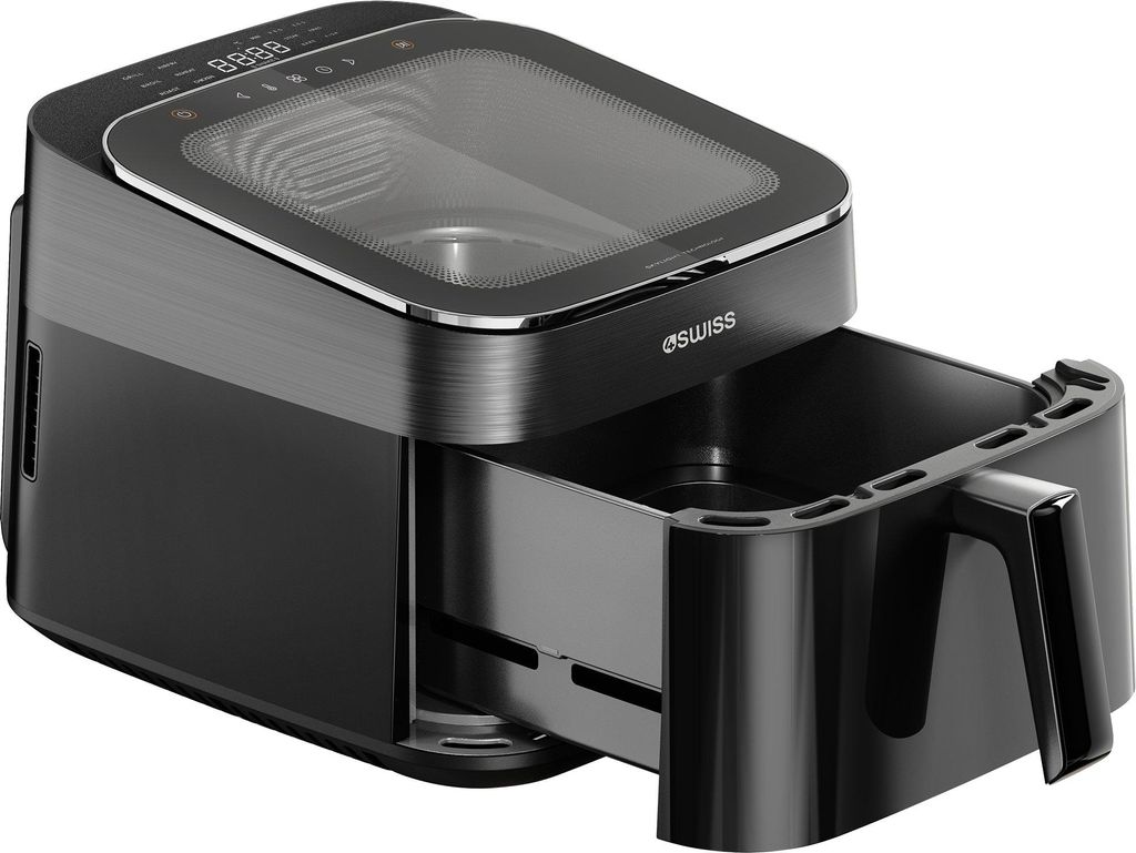A black air fryer with its drawer partially open, set against a white background.