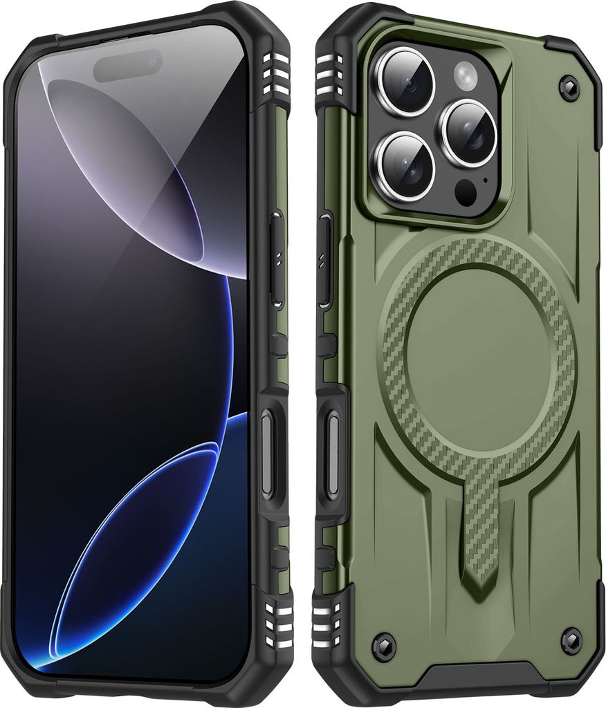 Magnetisch Hülle für iPhone 16 Pro Max, Dual Layer PC TPU Stoßfest Handyhülle Dunkelgrün