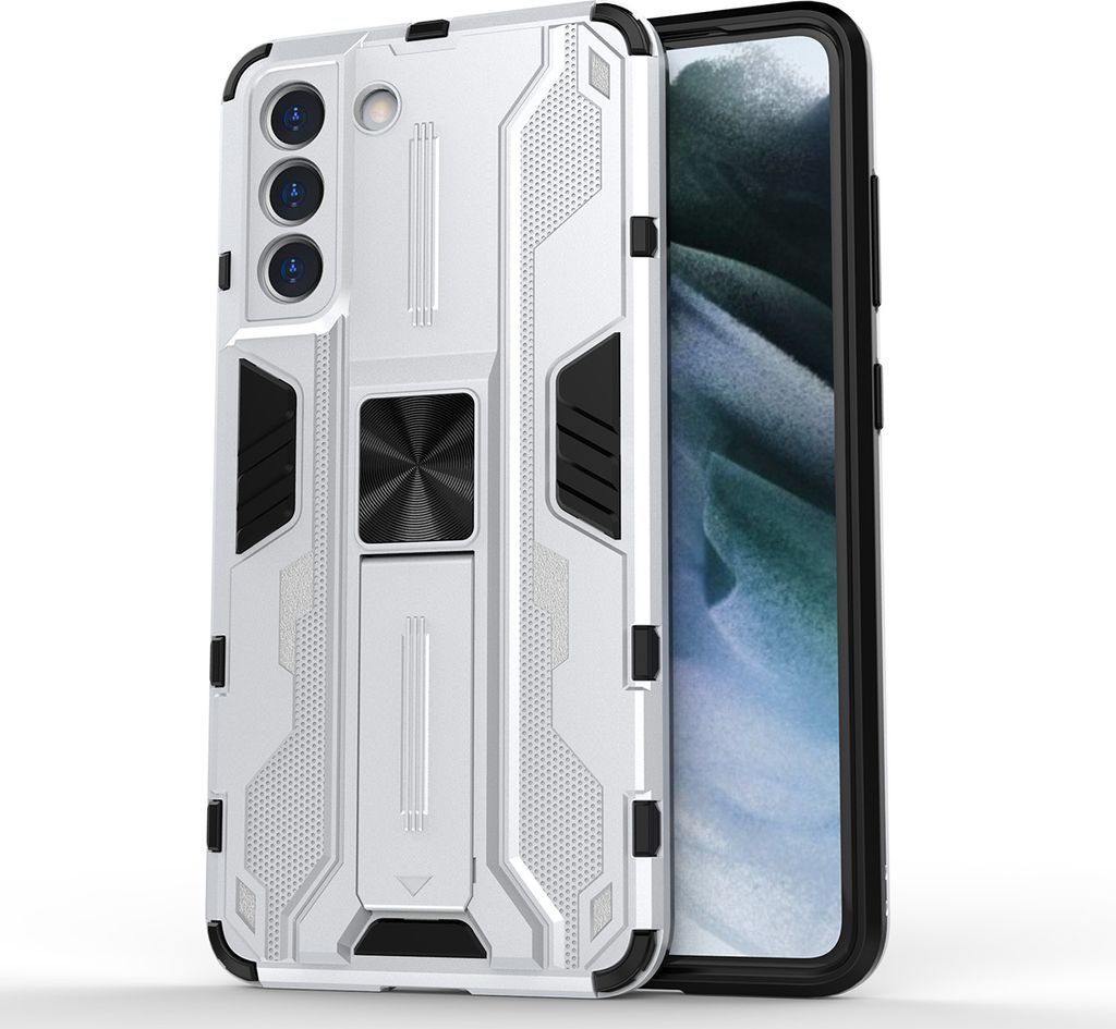 Galaxy S21 FE 5G Hülle, Dual Layer PC TPU Bumper Stoßfest Ständer Schutzhülle für Samsung Galaxy S21 FE 5G Silber