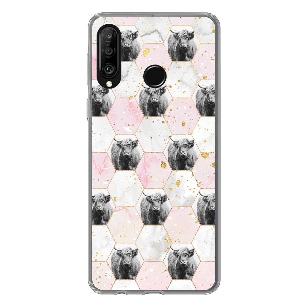 MuchoWow Handyhülle Schutzhülle Hülle für Huawei P30 Lite Schottischer Highlander - Muster - Gold Silikon Softcase Handy Hülle - Handyhülle