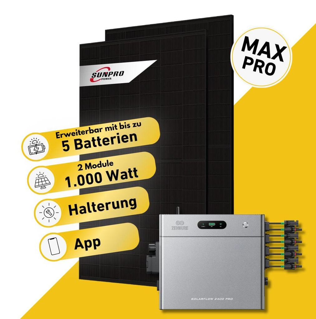 Balkonstrom Balkonkraftwerk 1000W Solaranlage mit Speicher | Fassadenhalterung 15-30Grad | 2x Solarmodul | Zendure SolarFlow 2400 Pro