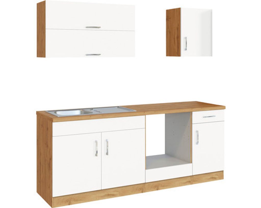 A modular kitchen unit with cabinets and a sink.