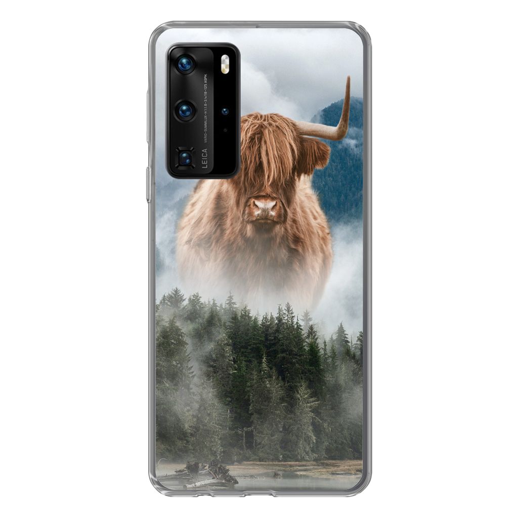 MuchoWow Handyhülle Schutzhülle Hülle für Huawei P40 Pro Schottische Highlander - Kühe - Nebel Silikon Softcase Handy Hülle - Schutz