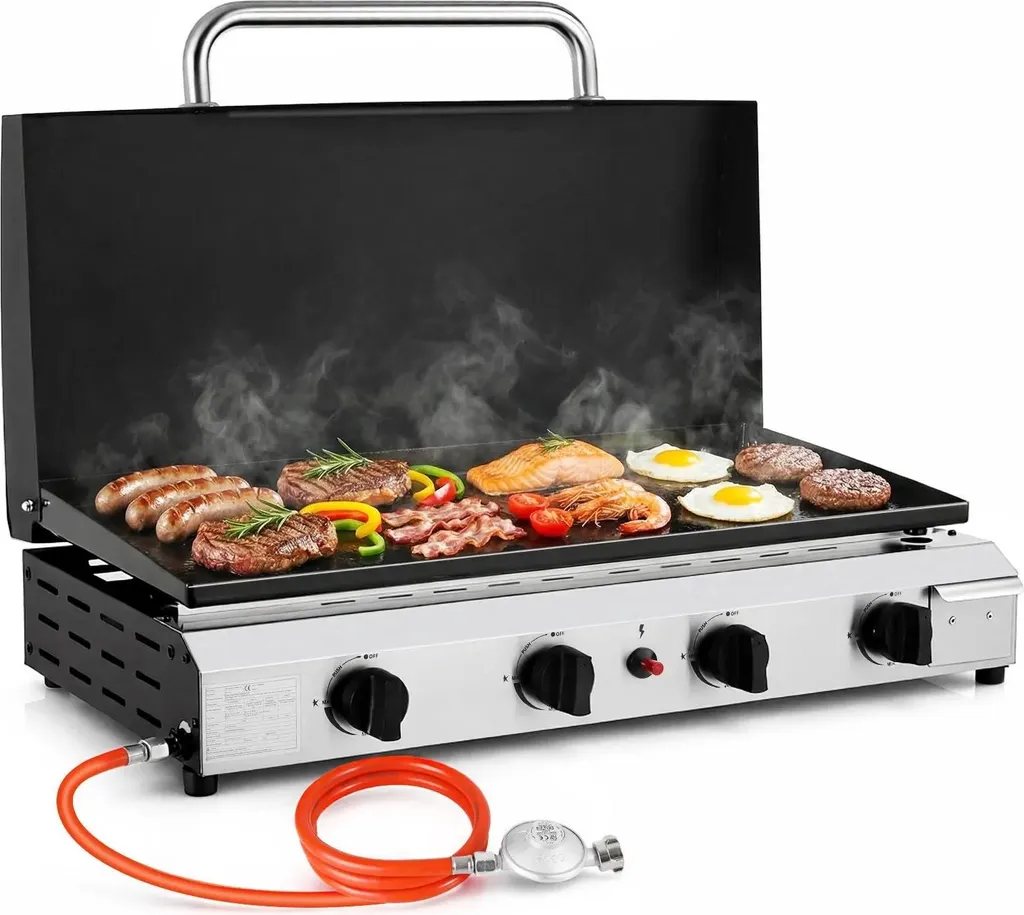 Plancha de Table à Gaz 4 Brûleurs avec Couvercle et Plaque de Cuisson Plate