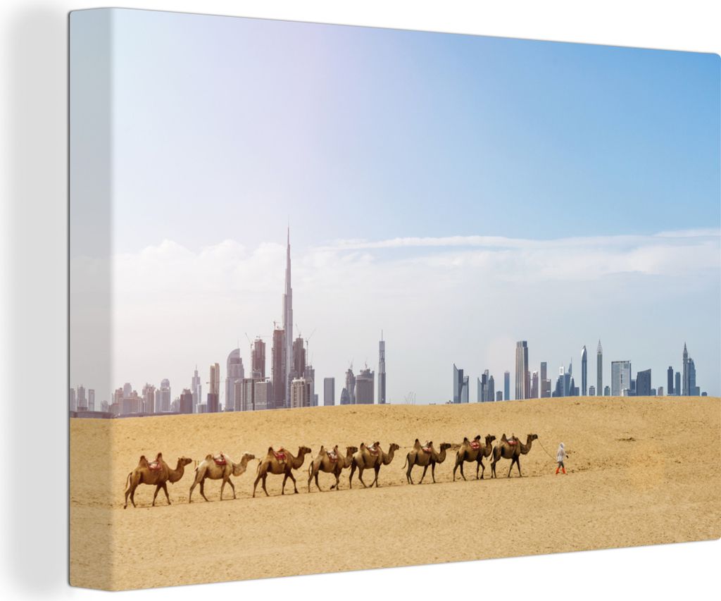 OneMillionCanvasses - Leinwandbilder - 140x90 cm, Kamele in der Wüste vor Dubai, Wandbilder Kunstdruck Wanddekoration - Foto auf Leinwand - Gem...