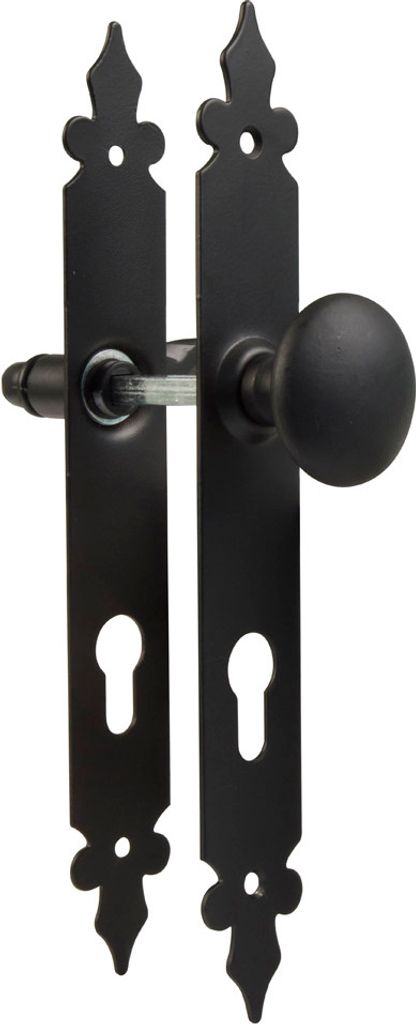 A black metal door handle set with two plates, a doorknob, and a latch mechanism, shown against a white background.