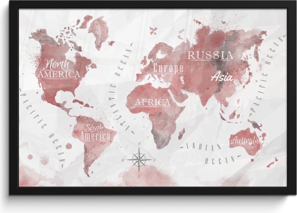 MuchoWow MuchoWow Gerahmtes Poster Weltkarte - Farbe - rosa 60x40 cm - Poster mit zchwarzem Bilderrahmen - Printing - Wanddeko Schlafzimmer