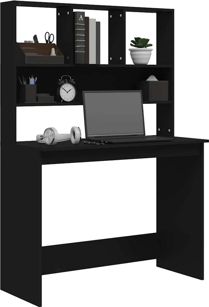 A black desk with a hutch, featuring a laptop, headphones, and various desk accessories.