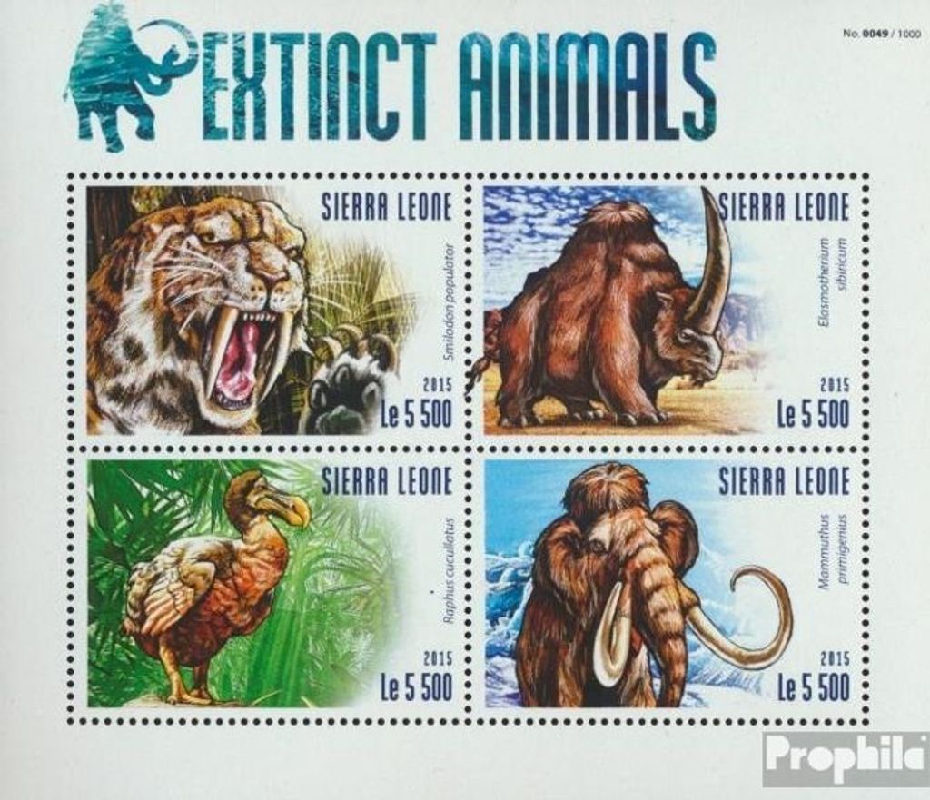 Briefmarken Sierra Leone 2015 Mi 6372-6375 Kleinbogen (kompl. Ausg.) postfrisch Ausgestorbene Tiere