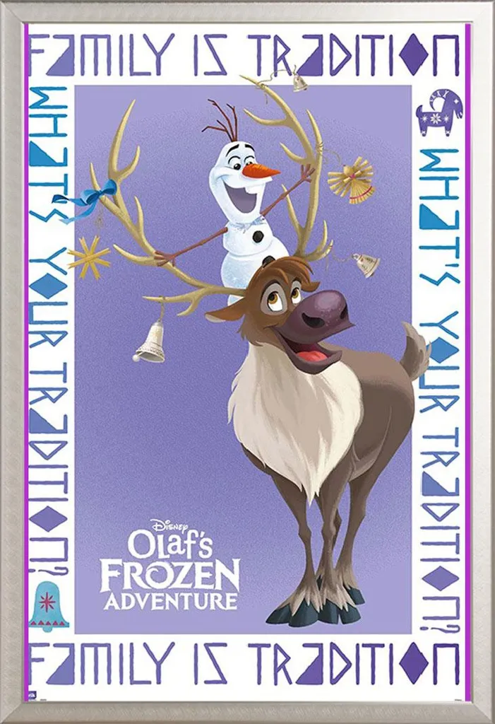 Poster La Reine des Neiges Olaf & Sven avec Cadre Alu Argenté Shinsuke