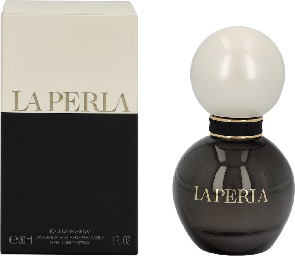 A perfume bottle and its packaging are displayed side-by-side against a white background.