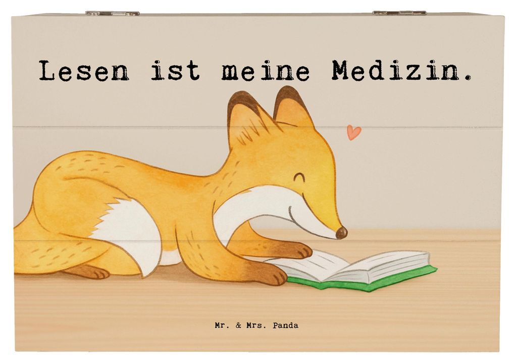 Mr. & Mrs. Panda Holzbox Fuchs Lesen Design 22 x 15 cm - Weiß - Geschenk, Box, Bücher, schmuckkiste, fotobox, Holztruhe, Truhe, Holz Aufbewahrung...