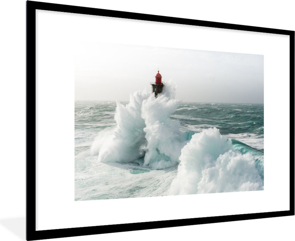 MuchoWow Gerahmtes Poster Der französische Leuchtturm von La Jument im Sturm 90x60 cm - Poster mit Schwarzem Bilderrahmen Wandposter Rahmen Foto...