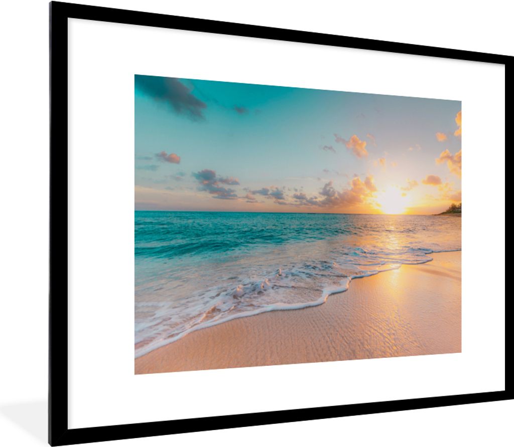 MuchoWow Gerahmtes Poster Sonnenuntergang - Strand - Meer - Sommer - Blau 80x60 cm - Poster mit Schwarzem Bilderrahmen Wandposter Rahmen Foto Bil...