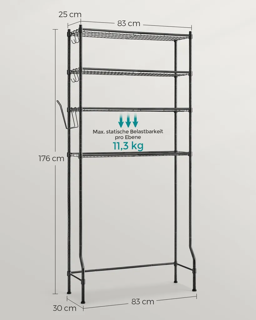 Étagère toilettes 4 niveaux avec tablettes ajustables en métal noir robuste - 5