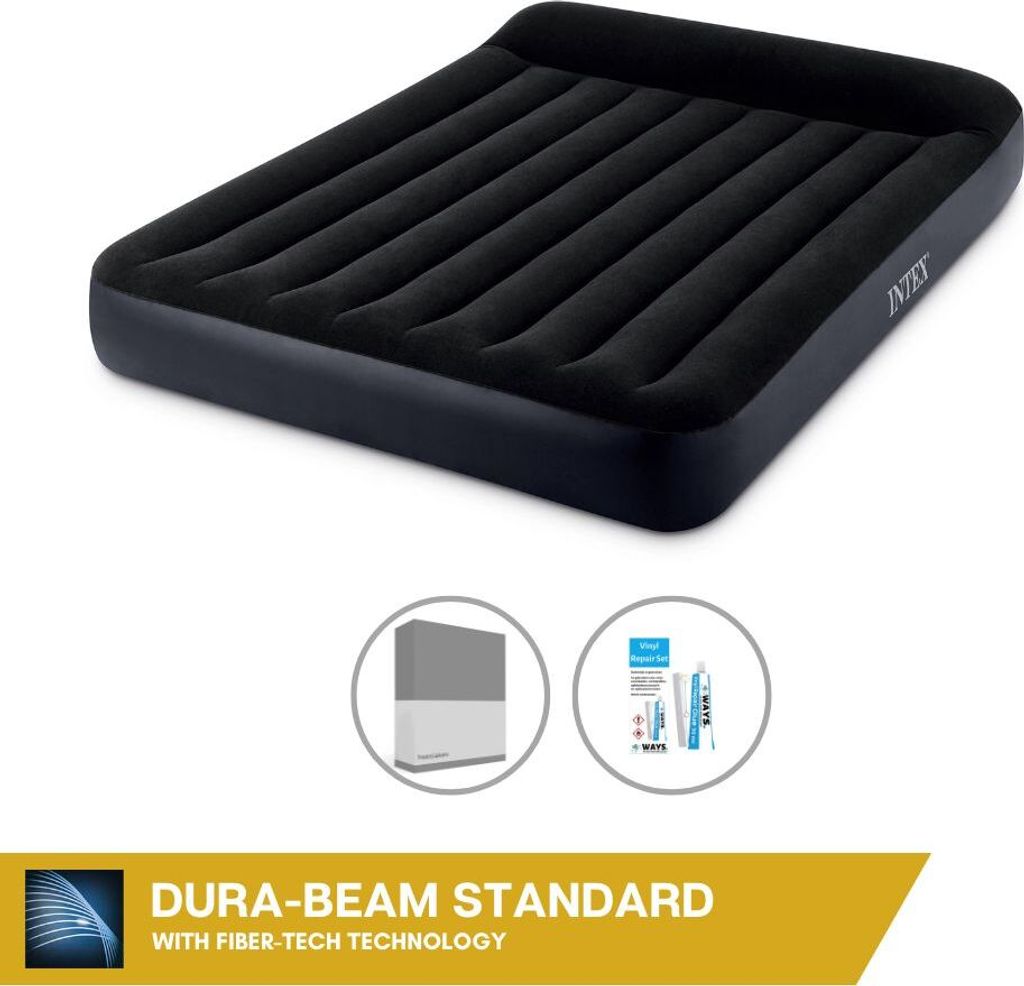 Intex Luftbett - 2 Personen - 152 x 203 x 25 cm - Schwarz - Mit eingebauter Pumpe + Spannbettlaken Anthrazit + Reperaturset