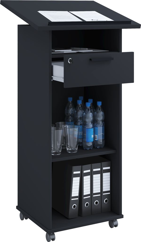 VCM Holz mobiles Rednerpult | Maße ca. H. 108 bis 120 cm x B. 60 cm x T. 50 cm | Stehpult mit Rollen| rollbar mit Schublade | Stehtisch - Melta