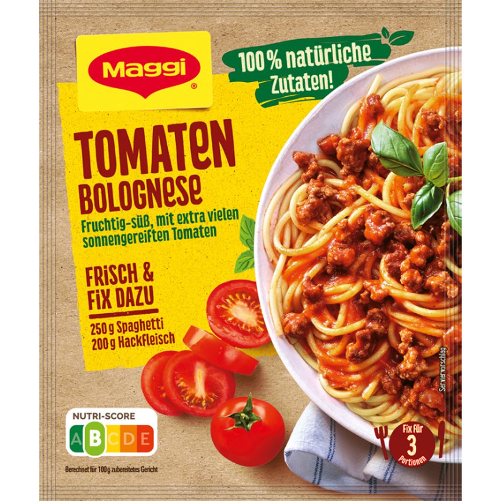 A package of Maggi Fix for Tomato Bolognese with a serving suggestion of spaghetti bolognese.