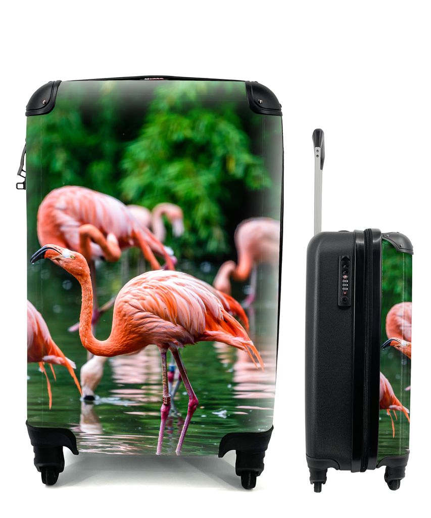 MuchoWow Koffer Handgepäck Trolley Rollkoffer Kleine Reisekoffer mit 4 Rollen - Flamingo - Tropisch - Vogel - Wasser - Rosa - Cabin Size < 55x40...