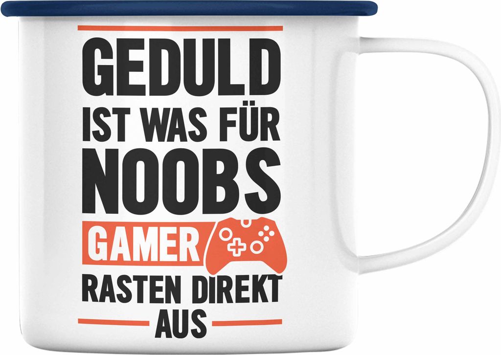 Trendation - Gamer Spruch Emaille Tasse Controller Geschenk - Geduld Ist Was Für Noobs - Zocker Emaille Tassen Geschenk Jungs Jungen Gaming (Blau)