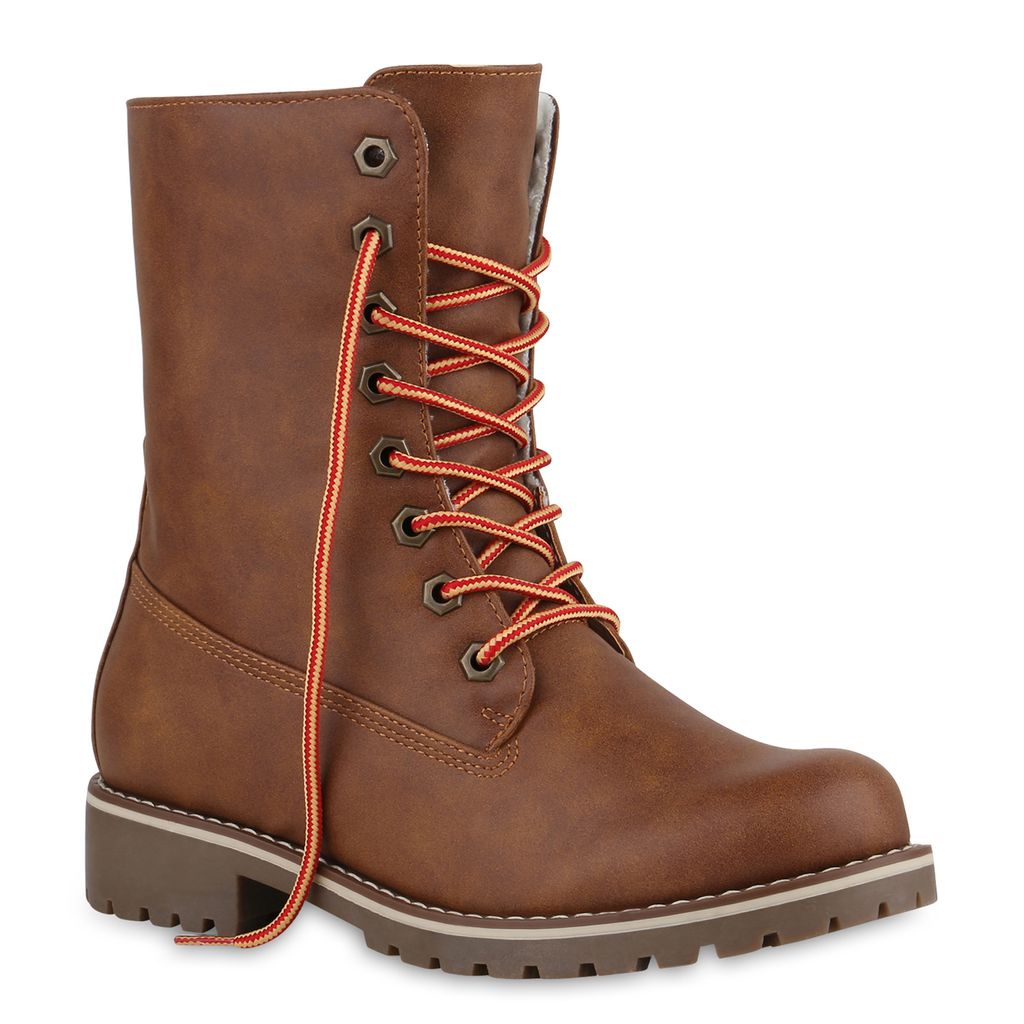 Mytrendshoe Schnürstiefeletten Damen Warm Gefütterte Stiefeletten Stiefel 813135, Farbe: Braun, Größe: 39