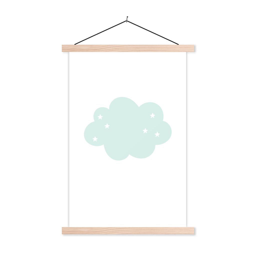 MuchoWow Textilposter Wolke - Sterne - Pastell - Kinder - Baby 120x180 cm mit holzfarbenen Rahmen - Textil-Plakat