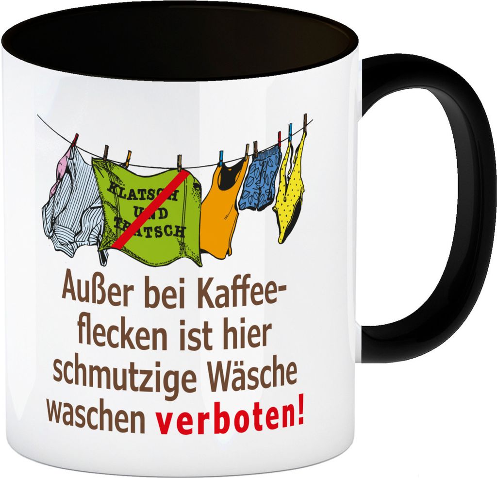 Klatsch und Tratsch Kaffeebecher in schwarz mit Spruch: Klatsch und Tratsch