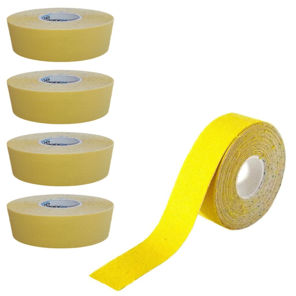 5 Rollen - Tapefactory24 Getting Started Kinesiologie Tape 2,5cm x 5m - gelb, Tapes Taping Klebeband Tapeverband Bandage wasserfest