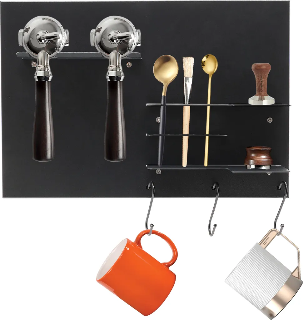 Rangement mural café en métal noir robuste avec crochets porte-outils